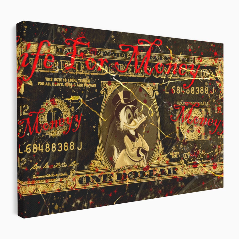 Tablou canvas cu tablou canvas cu donald duck si bancnota de un dolar, fara rama, pe sasiu de lemn